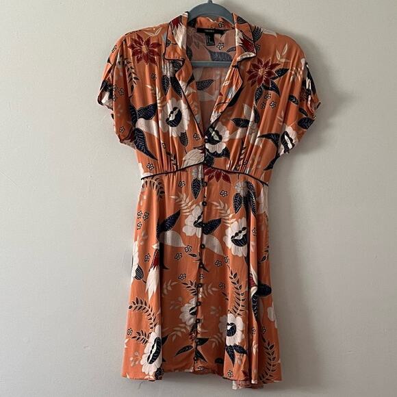 Forever 21 Orange Boho Button Front Floral Print Dress Cream Navy Wine sz Small - Picture 1 of 7